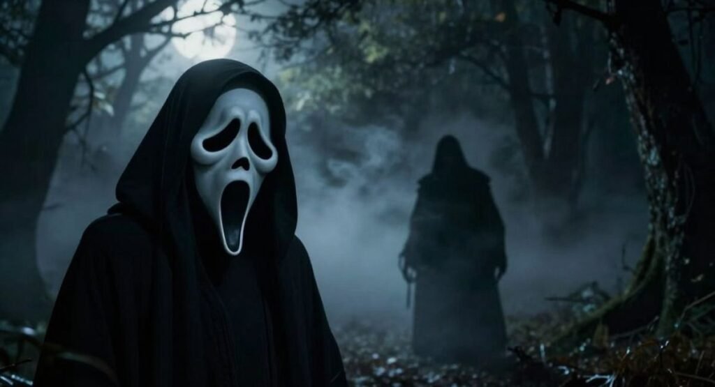AI horror image created with Scream AI Picture Generator showing ghostface and foggy background